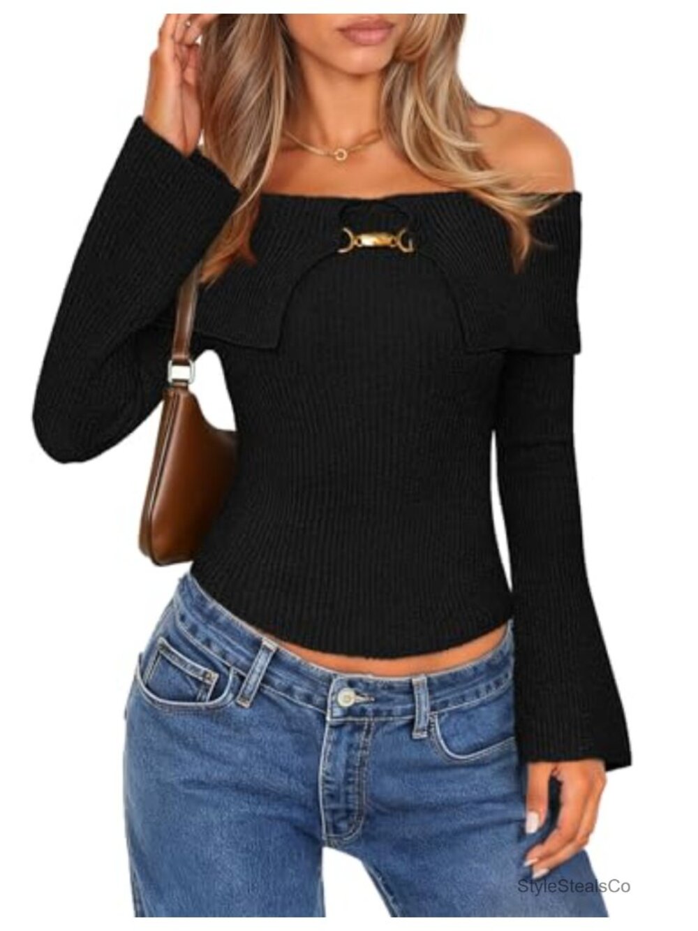 Off Shoulder Ribbed Knit Sweater Bell Sleeve Pullover